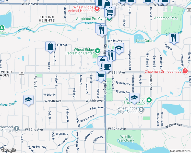 map of restaurants, bars, coffee shops, grocery stores, and more near in Wheat Ridge