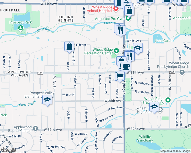 map of restaurants, bars, coffee shops, grocery stores, and more near 3815 Miller Street in Wheat Ridge