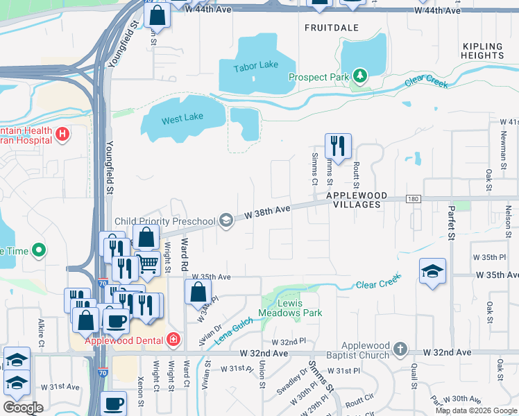map of restaurants, bars, coffee shops, grocery stores, and more near 3834 Union Court in Wheat Ridge