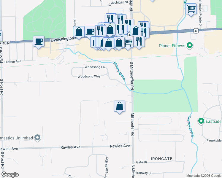 map of restaurants, bars, coffee shops, grocery stores, and more near 9820 Legends Creek Drive in Indianapolis