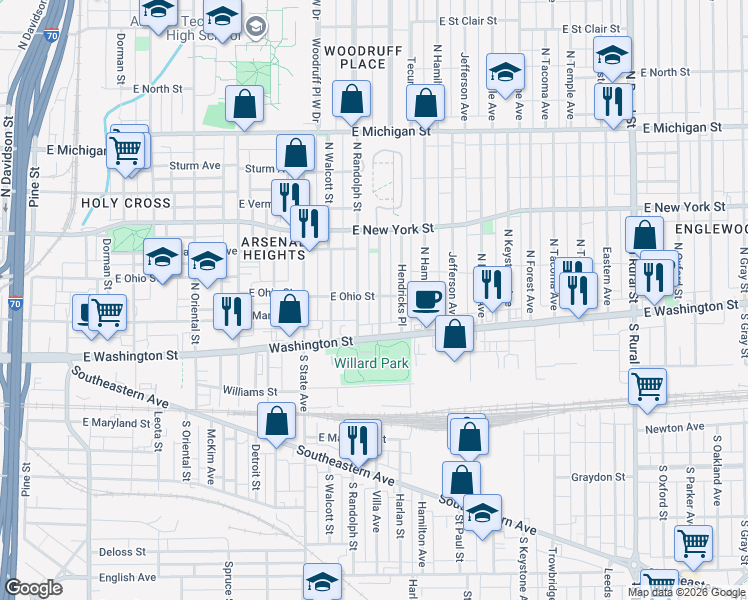 map of restaurants, bars, coffee shops, grocery stores, and more near 221 East Parkview Avenue in Indianapolis