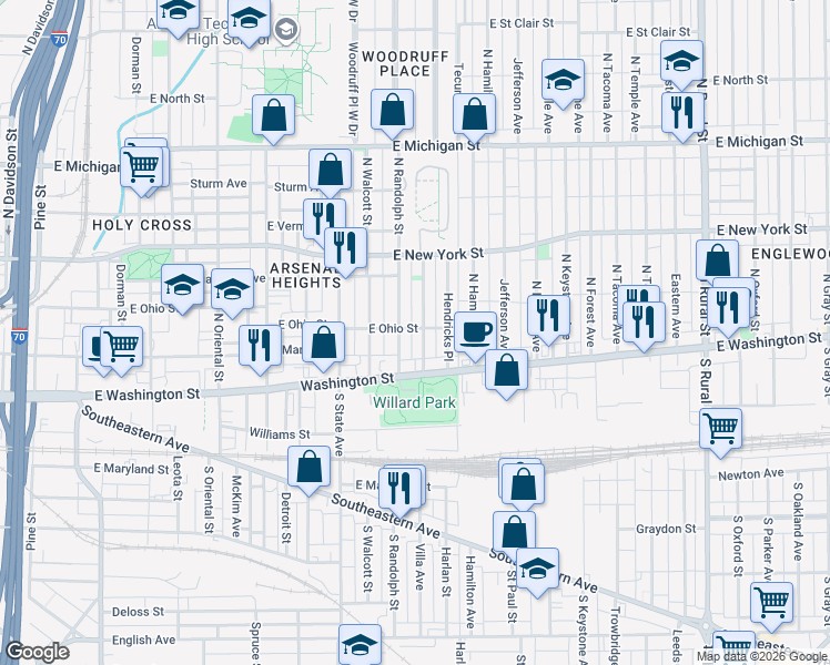 map of restaurants, bars, coffee shops, grocery stores, and more near 221 East Parkview Avenue in Indianapolis