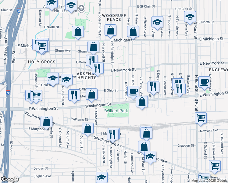 map of restaurants, bars, coffee shops, grocery stores, and more near 216 North Randolph Street in Indianapolis