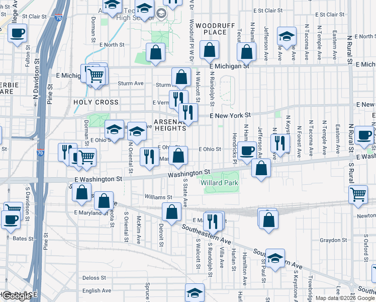 map of restaurants, bars, coffee shops, grocery stores, and more near 218 North Walcott Street in Indianapolis