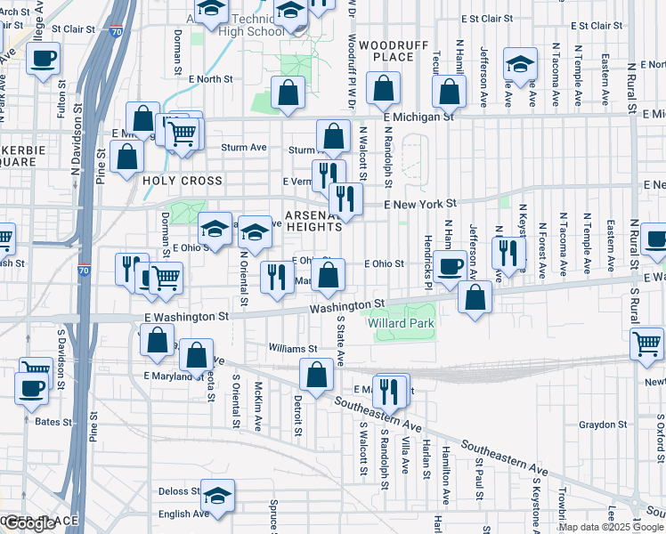 map of restaurants, bars, coffee shops, grocery stores, and more near 213 North Summit Street in Indianapolis