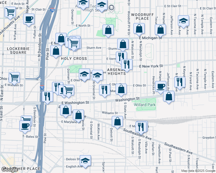 map of restaurants, bars, coffee shops, grocery stores, and more near 215 North Arsenal Avenue in Indianapolis