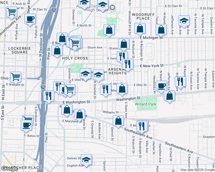 map of restaurants, bars, coffee shops, grocery stores, and more near 215 North Arsenal Avenue in Indianapolis