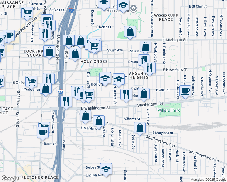 map of restaurants, bars, coffee shops, grocery stores, and more near 1321 East Ohio Street in Indianapolis