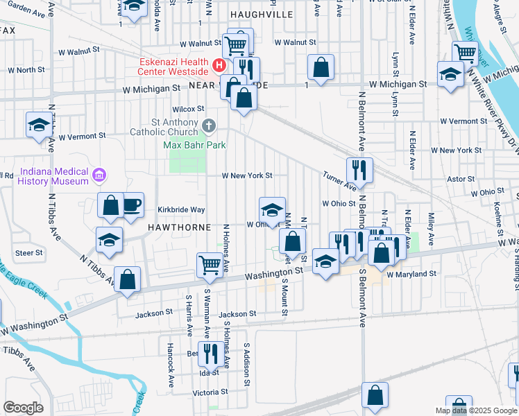 map of restaurants, bars, coffee shops, grocery stores, and more near 258 North Belleview Place in Indianapolis