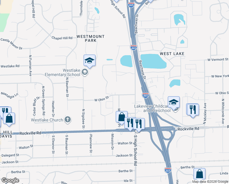 map of restaurants, bars, coffee shops, grocery stores, and more near 6452 West Ohio Street in Indianapolis