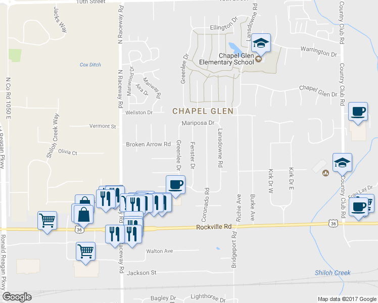 map of restaurants, bars, coffee shops, grocery stores, and more near 279 Fenster Drive in Indianapolis