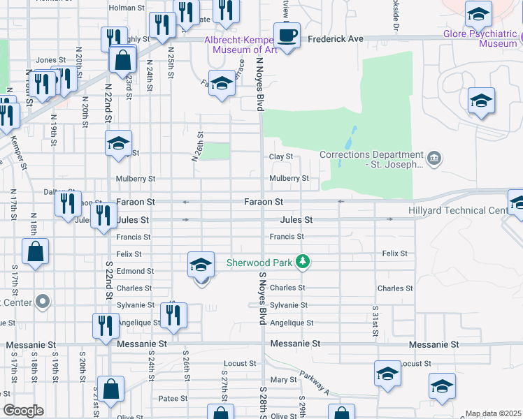 map of restaurants, bars, coffee shops, grocery stores, and more near 2717 Faraon Street in Saint Joseph
