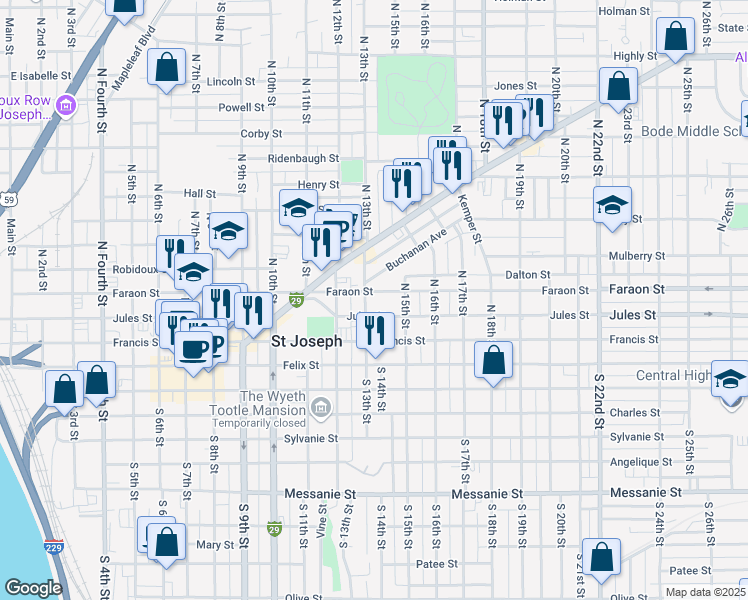 map of restaurants, bars, coffee shops, grocery stores, and more near 1314 Buchanan Avenue in Saint Joseph