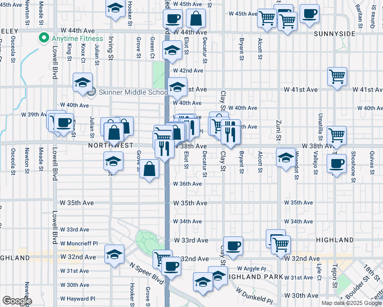 map of restaurants, bars, coffee shops, grocery stores, and more near 2775 West 38th Avenue in Denver
