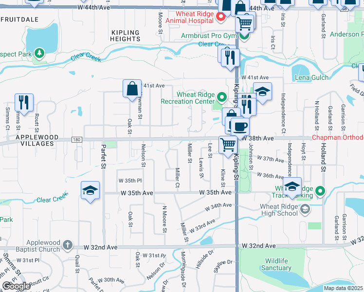 map of restaurants, bars, coffee shops, grocery stores, and more near 3815 Miller Street in Wheat Ridge