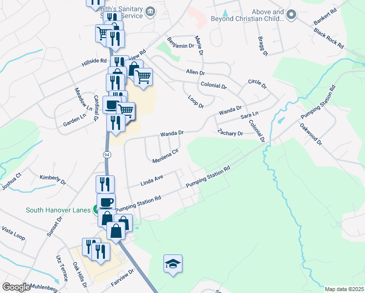 map of restaurants, bars, coffee shops, grocery stores, and more near 71 Menlena Circle in Hanover