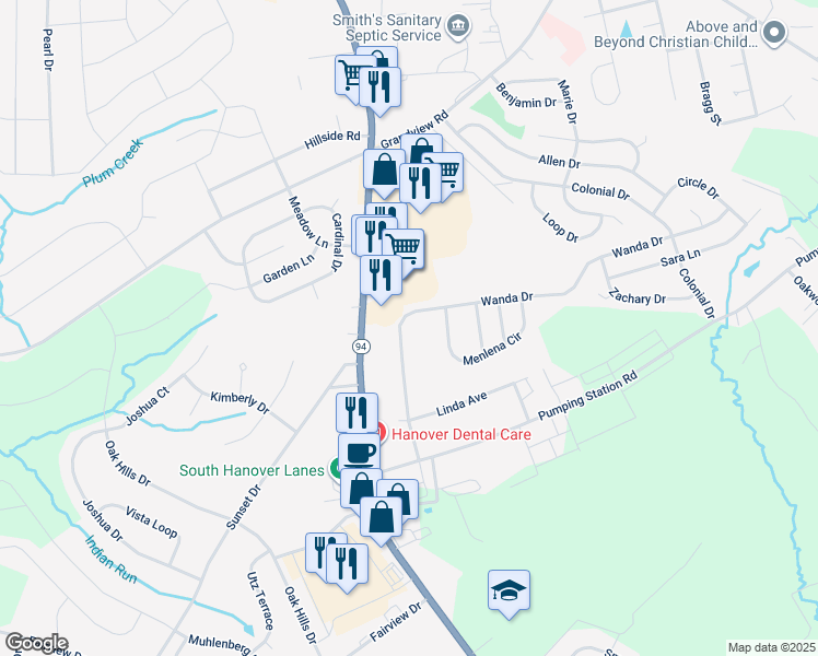 map of restaurants, bars, coffee shops, grocery stores, and more near 1500 Wanda Drive in Hanover