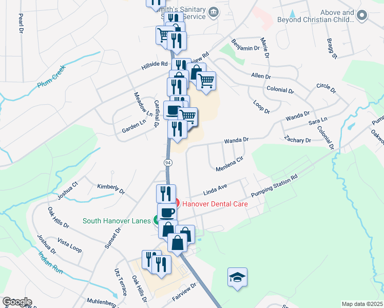 map of restaurants, bars, coffee shops, grocery stores, and more near 1500 Wanda Drive in Hanover