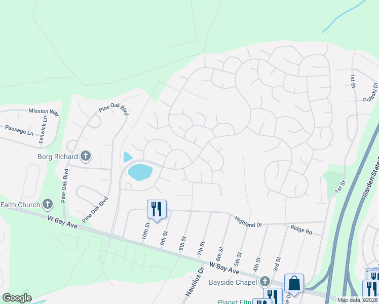 map of restaurants, bars, coffee shops, grocery stores, and more near 17 Lakeland Drive in Barnegat Township