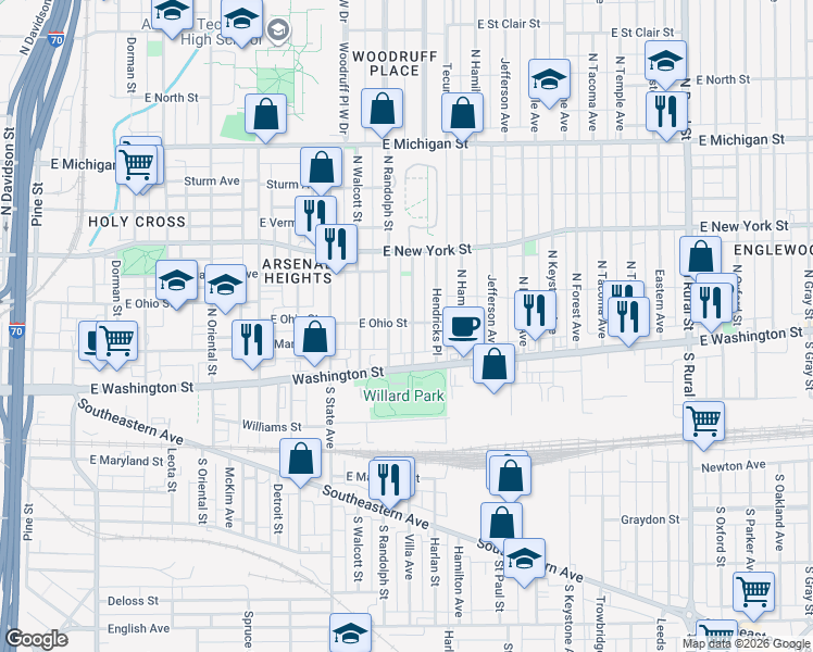 map of restaurants, bars, coffee shops, grocery stores, and more near 221 East Parkview Avenue in Indianapolis