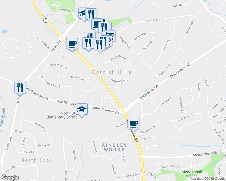 map of restaurants, bars, coffee shops, grocery stores, and more near 515 Massaferi Way in Hockessin