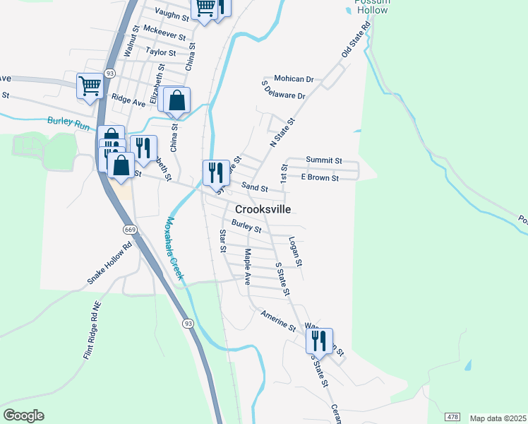 map of restaurants, bars, coffee shops, grocery stores, and more near 1 South State Street in Crooksville