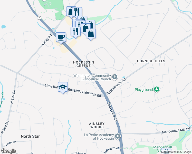map of restaurants, bars, coffee shops, grocery stores, and more near 515 Massaferi Way in Hockessin