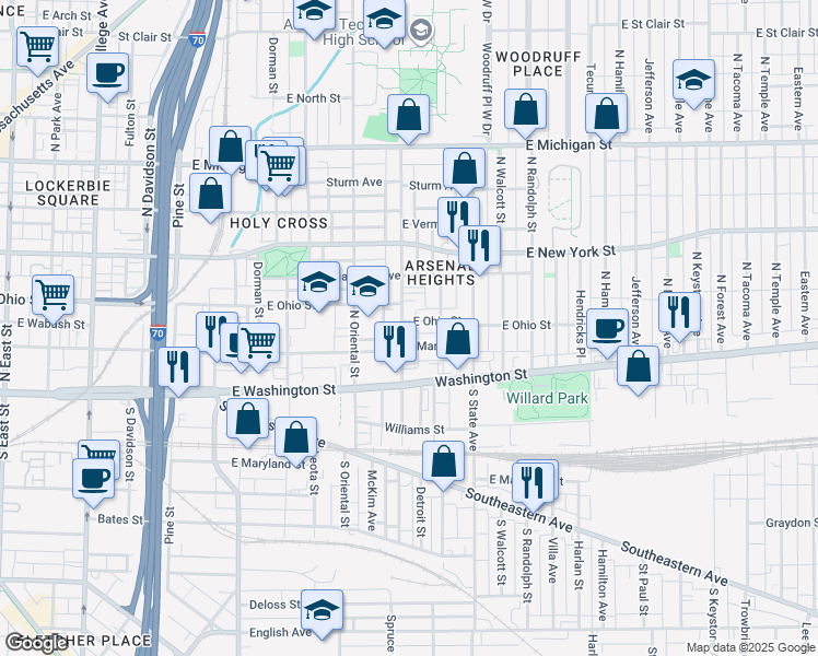 map of restaurants, bars, coffee shops, grocery stores, and more near 215 North Arsenal Avenue in Indianapolis
