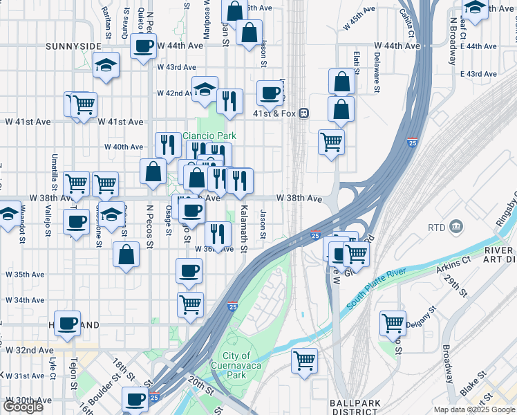 map of restaurants, bars, coffee shops, grocery stores, and more near 3815 Jason Street in Denver