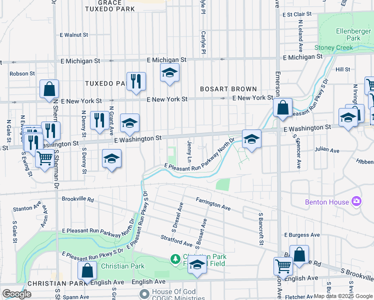 map of restaurants, bars, coffee shops, grocery stores, and more near 32 Jenny Lane in Indianapolis