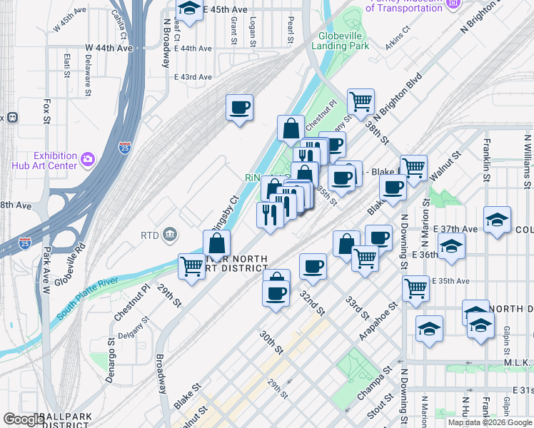 map of restaurants, bars, coffee shops, grocery stores, and more near 3320 Arkins Court in Denver