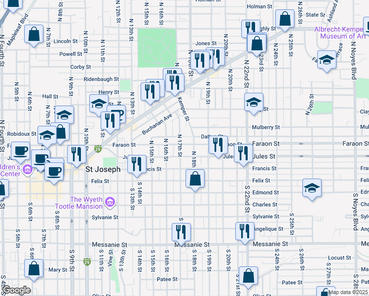 map of restaurants, bars, coffee shops, grocery stores, and more near 1708 Faraon Street in Saint Joseph
