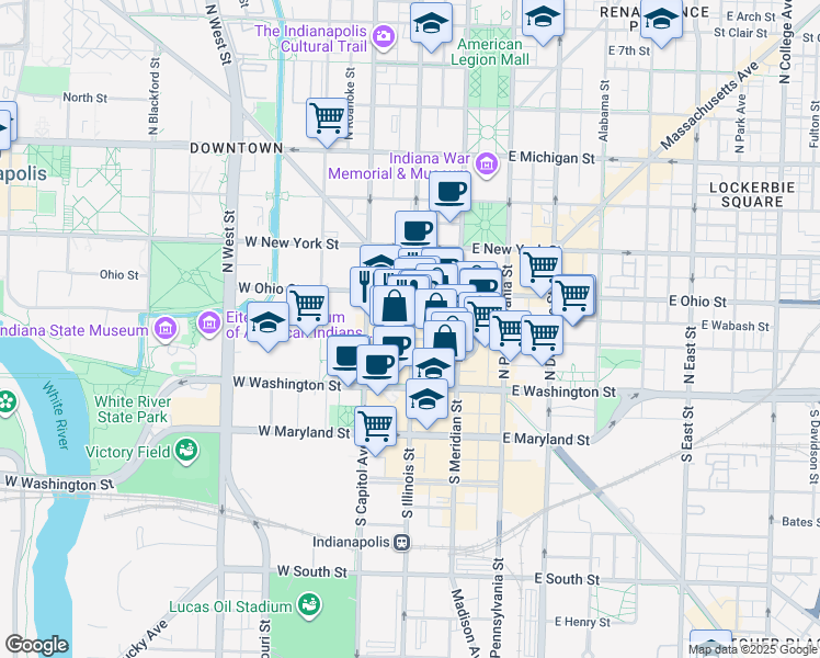 map of restaurants, bars, coffee shops, grocery stores, and more near in Indianapolis