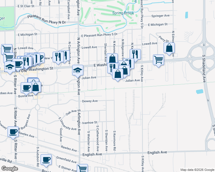 map of restaurants, bars, coffee shops, grocery stores, and more near 115 South Sheridan Avenue in Indianapolis