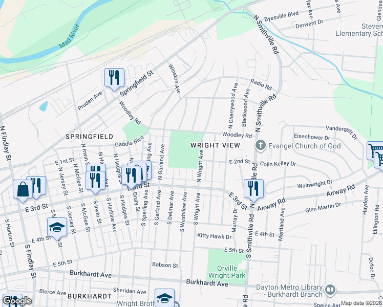 map of restaurants, bars, coffee shops, grocery stores, and more near in Dayton