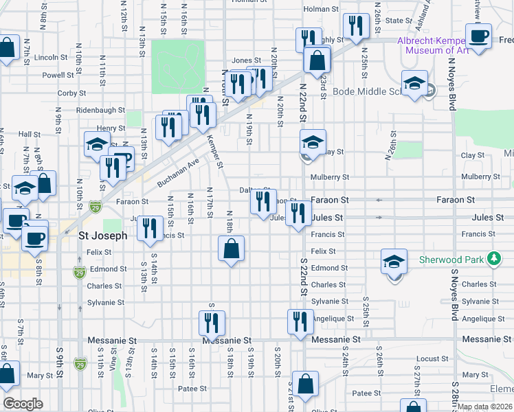 map of restaurants, bars, coffee shops, grocery stores, and more near 415 North 19th Street in Saint Joseph