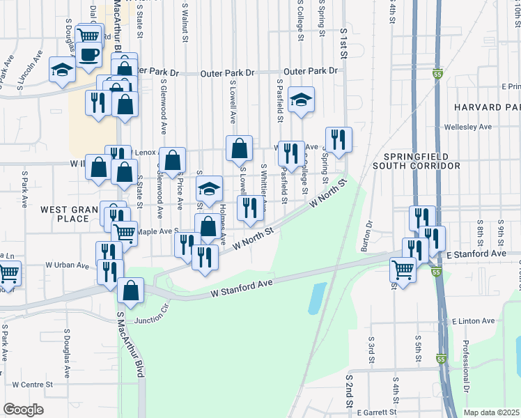 map of restaurants, bars, coffee shops, grocery stores, and more near 2809 South Whittier Avenue in Springfield