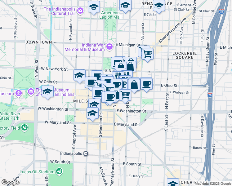 map of restaurants, bars, coffee shops, grocery stores, and more near 111e East Ohio Street in Indianapolis