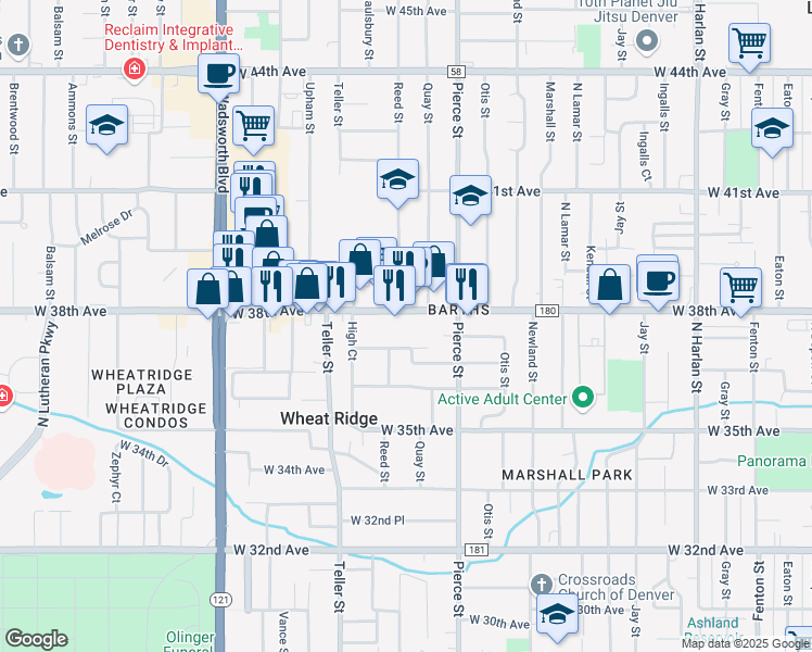 map of restaurants, bars, coffee shops, grocery stores, and more near 6808 West 38th Avenue in Wheat Ridge