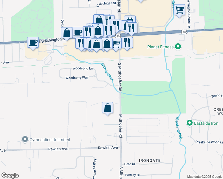 map of restaurants, bars, coffee shops, grocery stores, and more near 9850 Legends Creek Drive in Indianapolis