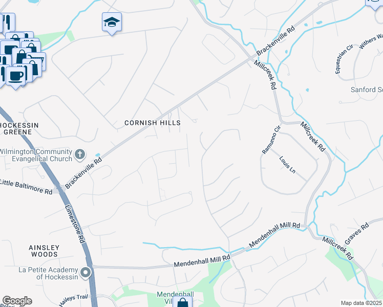 map of restaurants, bars, coffee shops, grocery stores, and more near 1 Harvest Lane in Hockessin