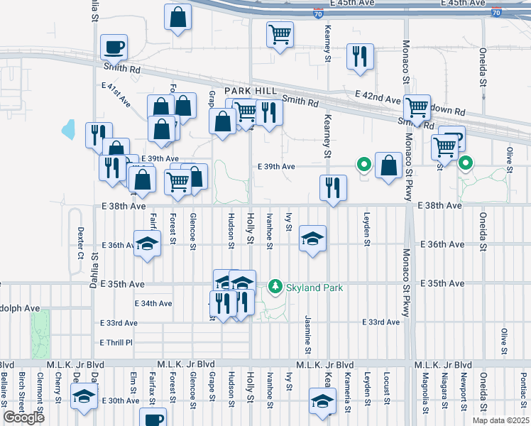 map of restaurants, bars, coffee shops, grocery stores, and more near in Denver