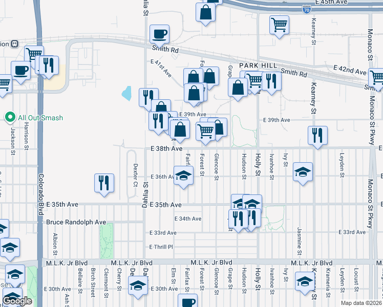 map of restaurants, bars, coffee shops, grocery stores, and more near 5105 38th Avenue in Denver