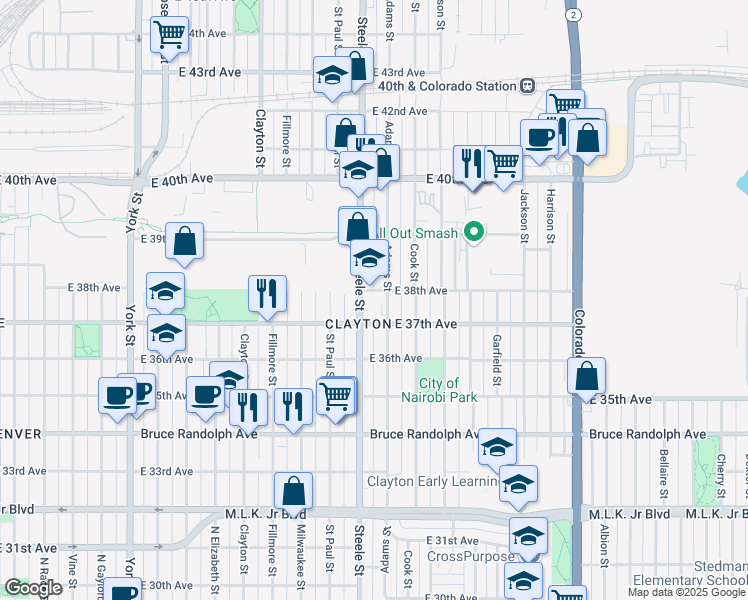 map of restaurants, bars, coffee shops, grocery stores, and more near 3801 Adams Street in Denver