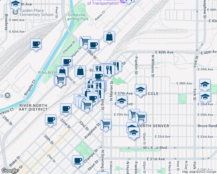 map of restaurants, bars, coffee shops, grocery stores, and more near 3702 Walnut Street in Denver
