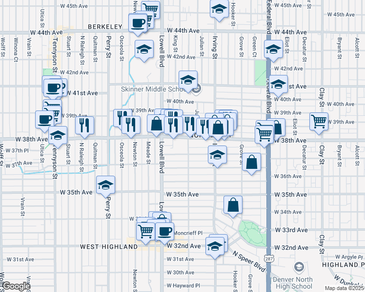 map of restaurants, bars, coffee shops, grocery stores, and more near 3451 West 38th Avenue in Denver