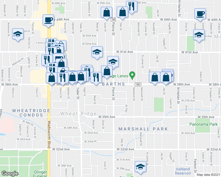 map of restaurants, bars, coffee shops, grocery stores, and more near in Wheat Ridge