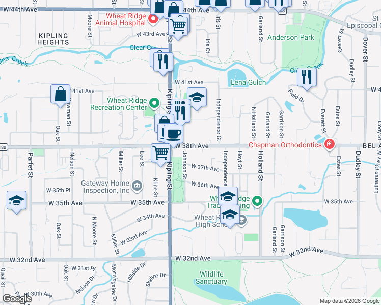 map of restaurants, bars, coffee shops, grocery stores, and more near 9835 County Road 180 in Wheat Ridge