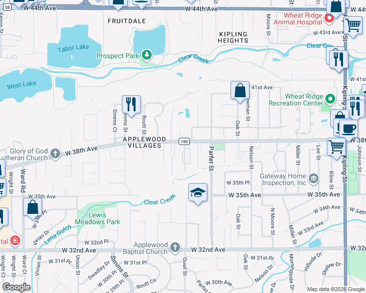 map of restaurants, bars, coffee shops, grocery stores, and more near 3815 Quail Court in Wheat Ridge