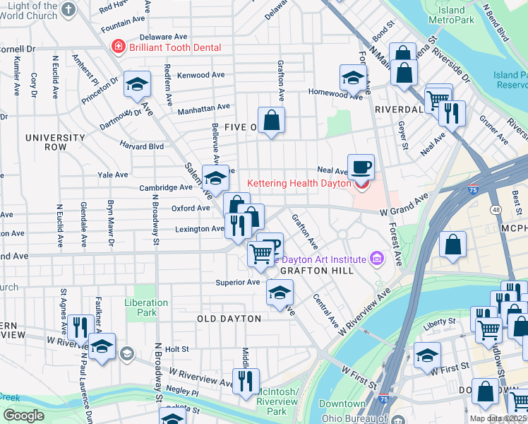 map of restaurants, bars, coffee shops, grocery stores, and more near 633 North Avenue in Dayton